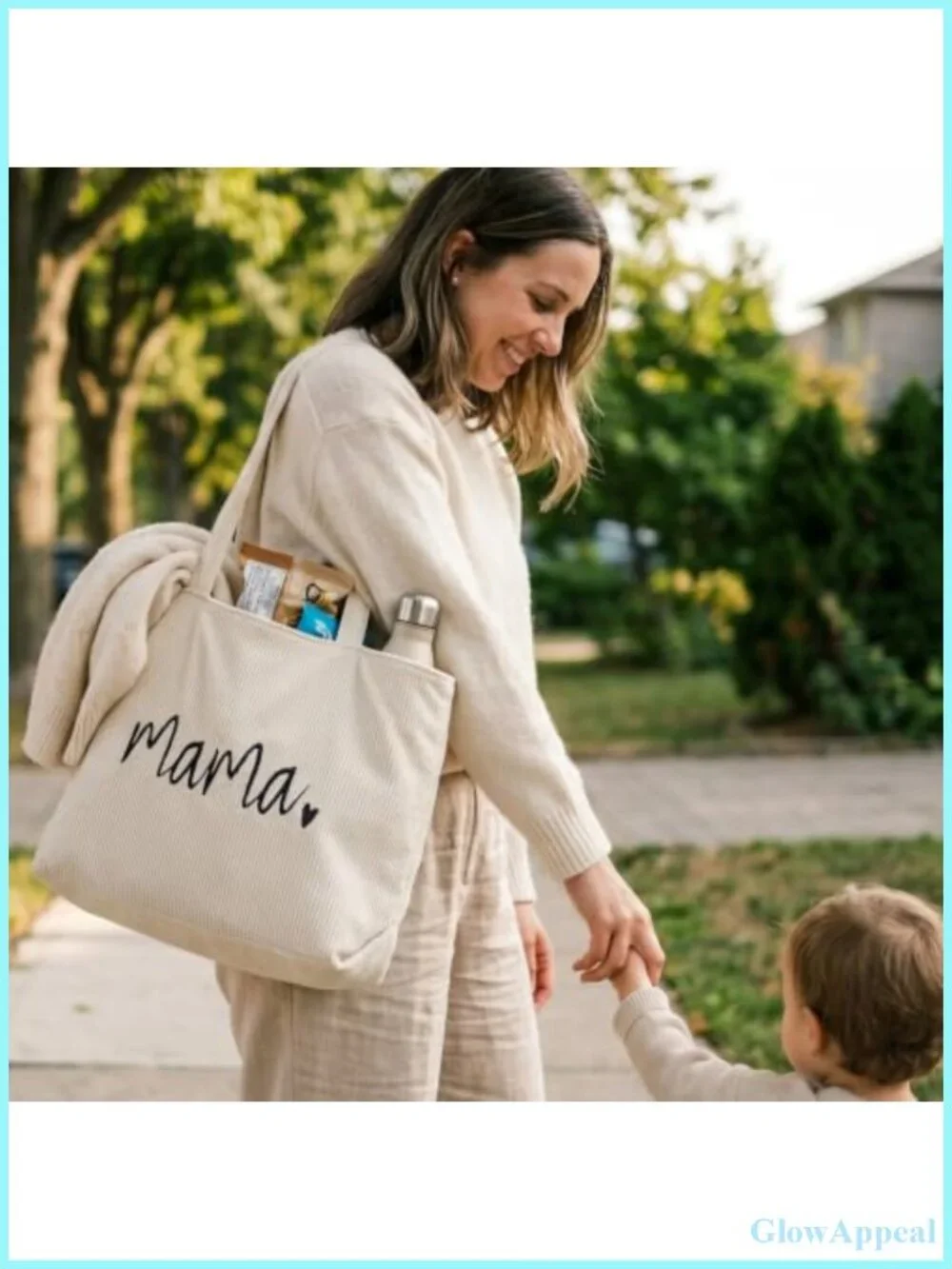 Large Corduroy Tote Bag with Zipper for Mom